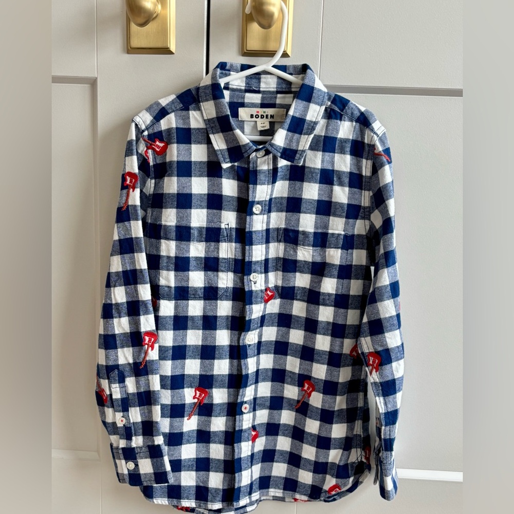 Mini Boden Embroidered Flannel Shirt, Gingham Guitar, 8-9Y, Like new